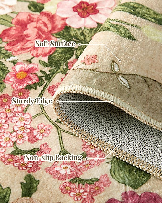 AREAMAY Floral Washable 5x7 Area Rugs - Living Room Rug Non Slip Low Pile Stain Resistant Carpets Indoor Vintage Flower Print Rug for Bedroom Dining Room Kitchen Home Office, Brown