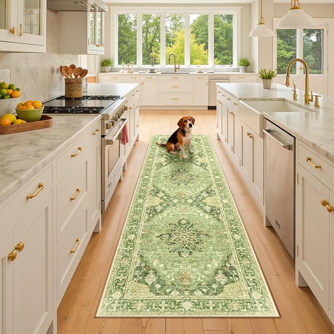 RELEANY Area Rugs 2'6''x8' Washable Non-Slip, Floral Vintage Distress Print Pattern Medallion Carpet for Living Room Bedroom Dining Room, Sage Green Yellow