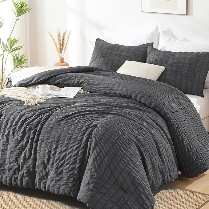 AveLom Seersucker Full Comforter Set (80x90 inches), 3 Pieces - 100% Soft Washed Microfiber Lightweight Comforter with 2 Pillowcases, All Season Down Alternative Comforter Set for Bedding, Gray