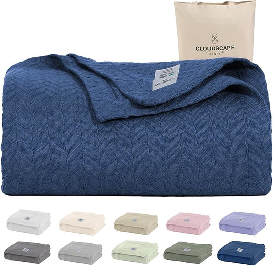 Cloud Scape Linen 100% Cotton Blanket Twin 68x92 Ensign Blue - Cozy Herringbone Weave, Fits Up to Twin XL Size Beds, Breathable Softness, All-Season Warmth, Winter Blanket, Bedding Gift Choice