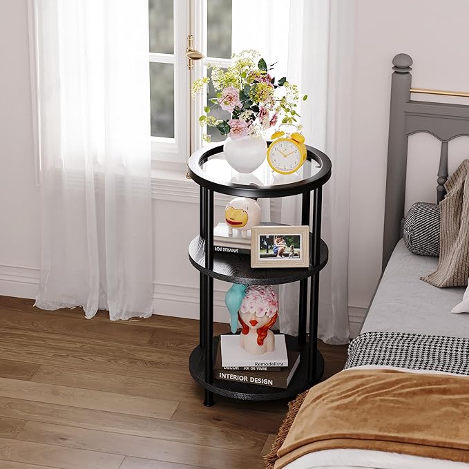 Homeiju Round Side Table with Glass Top, 3-Tier Glass End Table with Adjustable Feet, Bedside Table for Small Space for Living Room, Balcony, Bedroom, Black
