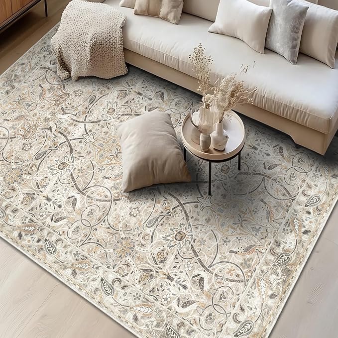 Fortsea 6x9 Beige Area Rug, Machine Washable Non Slip Low Pile Vintage Carpet for Cozy Living Room (6x9, Beige)