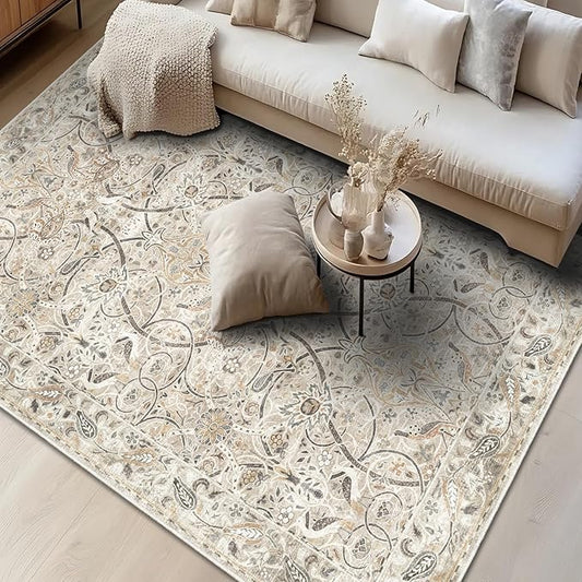 Fortsea 6x9 Beige Area Rug, Machine Washable Non Slip Low Pile Vintage Carpet for Cozy Living Room (6x9, Beige)