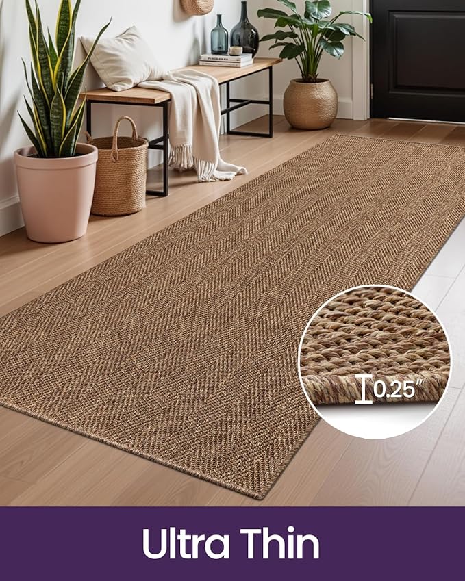 DEXI Hallway Runner Rug 3.3x6.7, Woven Braided Farmhouse Runner Carpet Indoor, Absorbent Thin Long Entryway Runners for Kitchen, Laundry Room, Patio Entrance, Brown