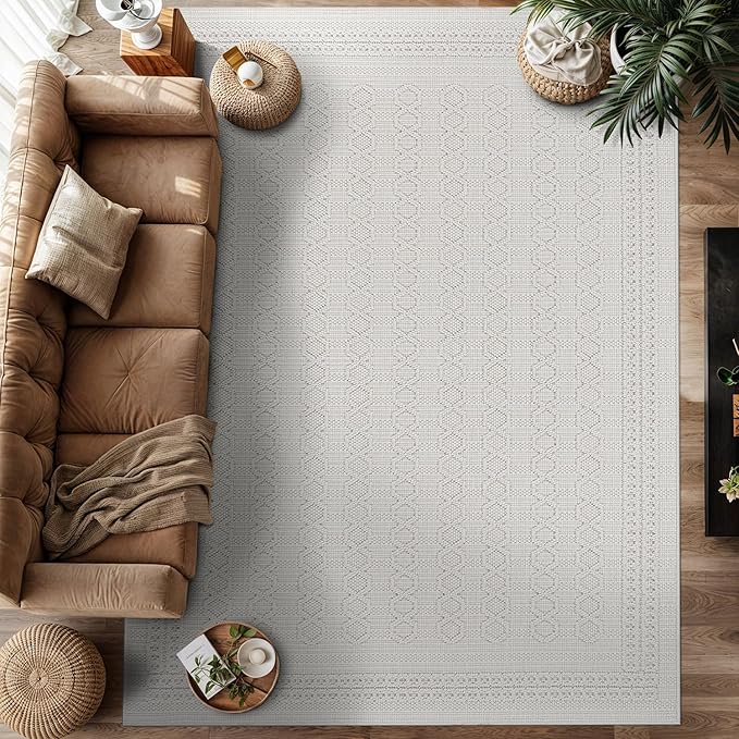 Luul Home Micro Loop Indoor Rug White 5x7 Boho Geometric Neutral Area Rugs for Living Room Soft Luxury Modern Low and High Pile Durable Stain Resistant Non-Shedding Indoor Area Carpet 5 x 7