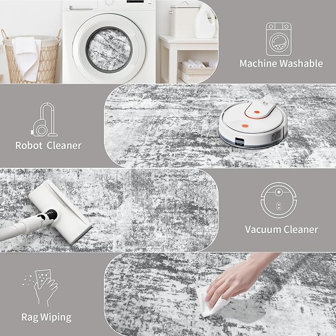 Ciicool 2x6 Washable Runner Rug, Modern Abstract Hallway Rugs Runner, Non-Slip Thin Accent Rug Lightweight Grey White Print Distressed Carpet for Laundry Entryway Bedroom Kitchen Bathroom Indoor