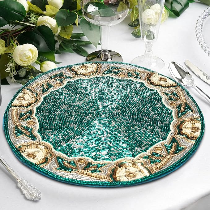 Beaded Placemats,Beaded Placemats Round Teal Silver White Gold 13"Round,Placemats For Dining Table,Beaded Placemats, Beaded Charger Placemats,Holiday & Christmas Beaded Placemats,Beaded Glitz Charger