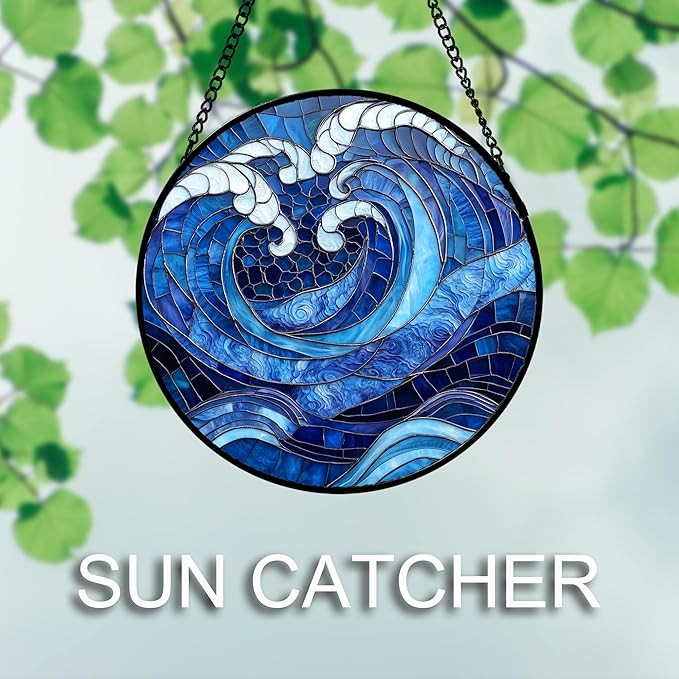 Stained Glass Window Hanging 4 Pcs Set Blue Ocean Waves 6.3" - Starfish Crab Seal Suncatcher Door Garden Sun Catcher Decor Birthday for Mom Woman Nana Men Friend