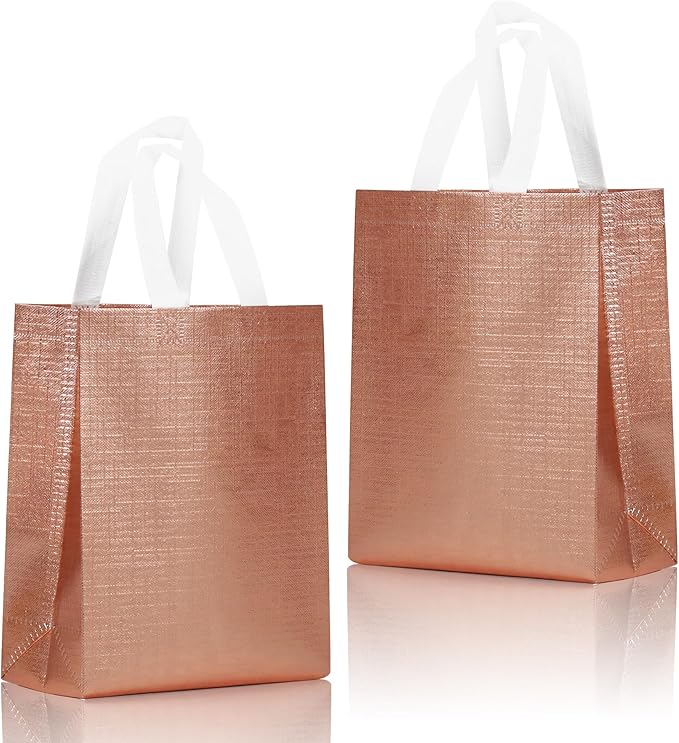 16 Pcs Metallic Bling Small Gift Bags Bulk with Cardboard Bases, 10.2x3.9x8.3 In Glossy Rose Gold Reusable Party Favor Bags for Birthday, Wedding, Christmas, Partie