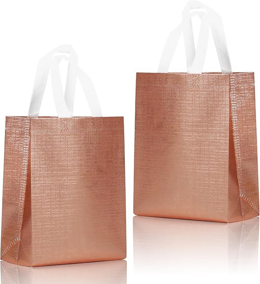 16 Pcs Metallic Bling Small Gift Bags Bulk with Cardboard Bases, 10.2x3.9x8.3 In Glossy Rose Gold Reusable Party Favor Bags for Birthday, Wedding, Christmas, Partie