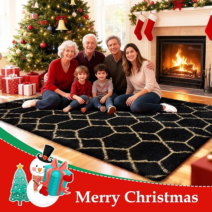 Shag Area Rug for Bedroom 5x8,Fluffy Area Rugs for Living Room,Geometric Soft Fuzzy Rug Non-Shedding Indoor Plush Carpet for Kids Bedroom Nursery Dorm Home Christmas,Black and Gold