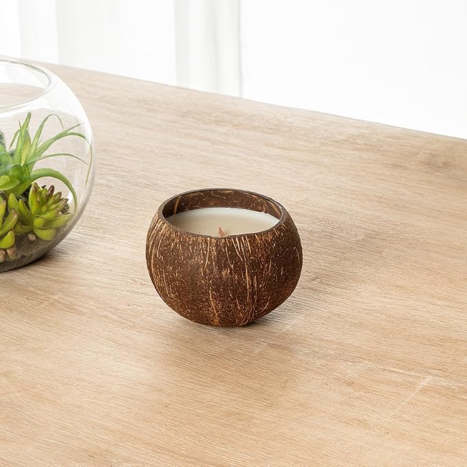 Restaurantware-Coco Casa 3.9 x 2.8 Inch Coconut Shell Candle, 1 Hand Poured Coconut Bowl Candle - Spring Hydrangea Fragrance, Double Wax Blend, Soy Wax Scented, Wooden Wick