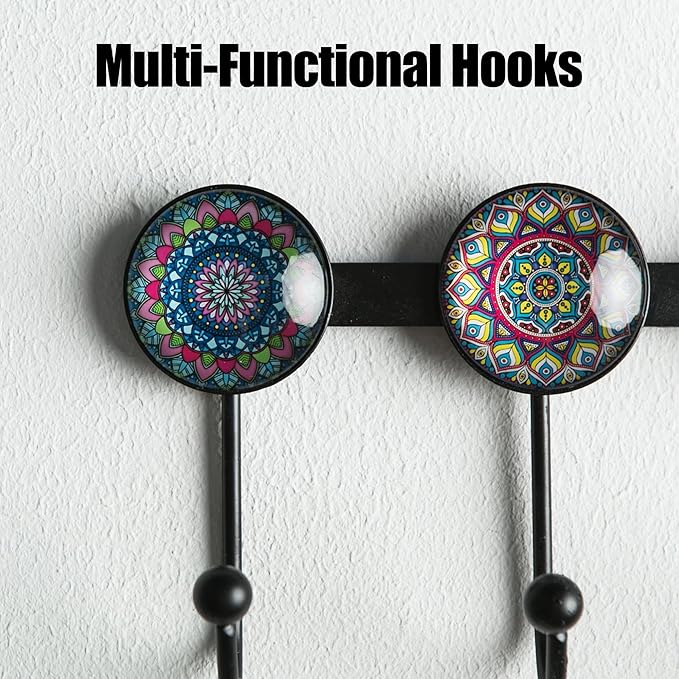 Boho Coat Rack Wall Mounted with 5 Hooks, Multi-Color Mandala Pattern Decorative Wall Hooks for Hanging Hat, Key, Towel, Purse, Bag, and Robe - for Entryway, Bathroom, and Office