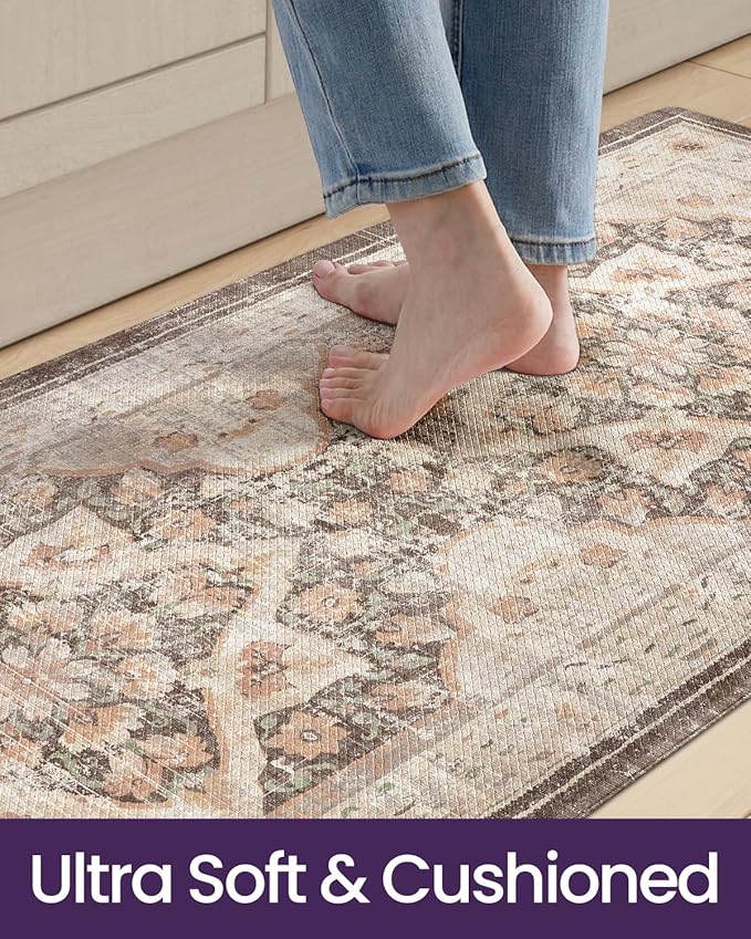 DEXI Kitchen Floor Mats Anti Fatigue, 23x59 Large Cushioned Vintage Runner Rug Waterproof, Standing Comfort Memory Foam Padded for Front Sink Laundry Office, Beige and Brown
