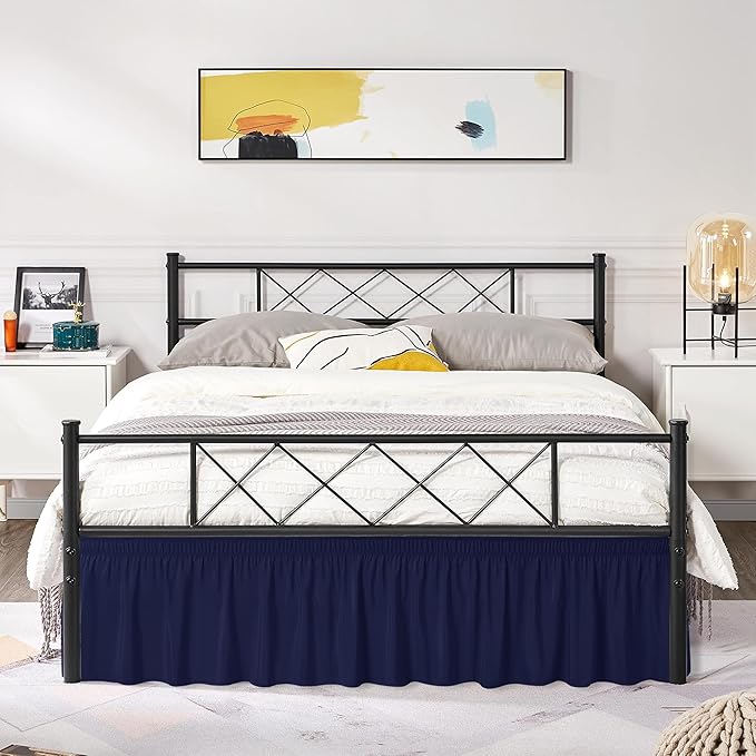 Biscaynebay Wrap Around Bed Skirts with Split Corners for Queen Beds 17" Drop, Navy Elastic Dust Ruffles Easy Fit Wrinkle & Fade Resistant Silky Luxurious Fabric Solid Machine Washable