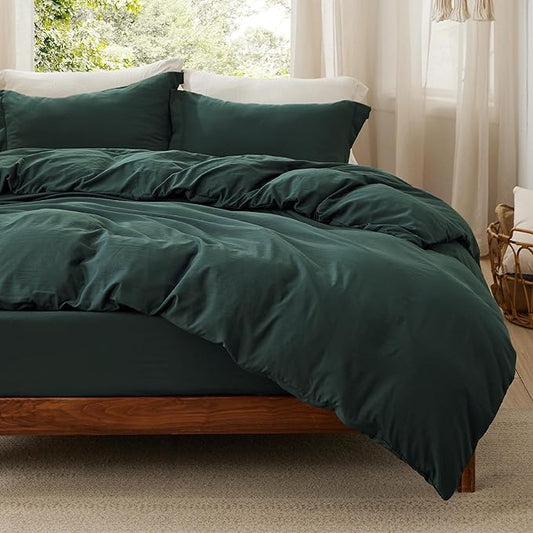 Bedsure Duvet Cover Queen Size with Fitted Sheet - 4 Pieces Prewashed Cotton-Like Extra Soft Bedding Set, Includes 1 Duvet Cover 90x90 Inches, 2 Pillow Shams, 1 Fitted Sheet, Forest Green