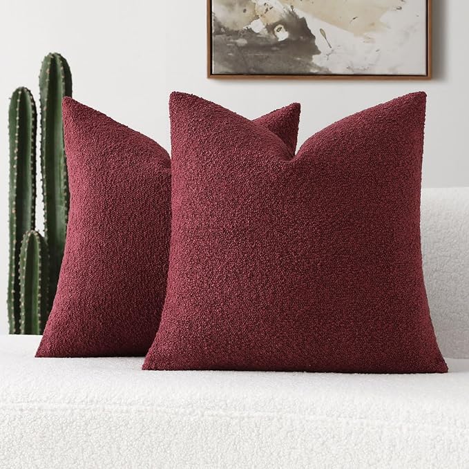 FUTEI Pack of 2 Burgundy Decorative Throw Pillow Covers 16x16 Inch Soft Cozy Solid Boucle Textured Cushion Case,Modern Home Decor for Couch Bed Living Room
