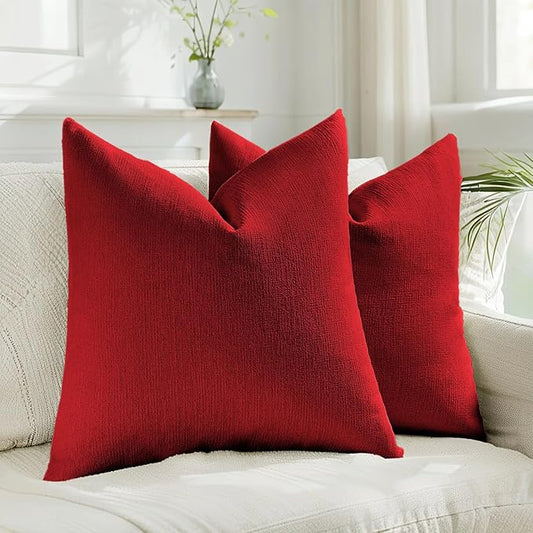 HAUSSY Red Throw Pillow Covers 22x22 Inch Set of 2,Boho Decorative Faux Linen Throw Pillows Cozy Farmhouse Accent Cushion Covers,Home Decor for Couch Sofa Bed Living Room