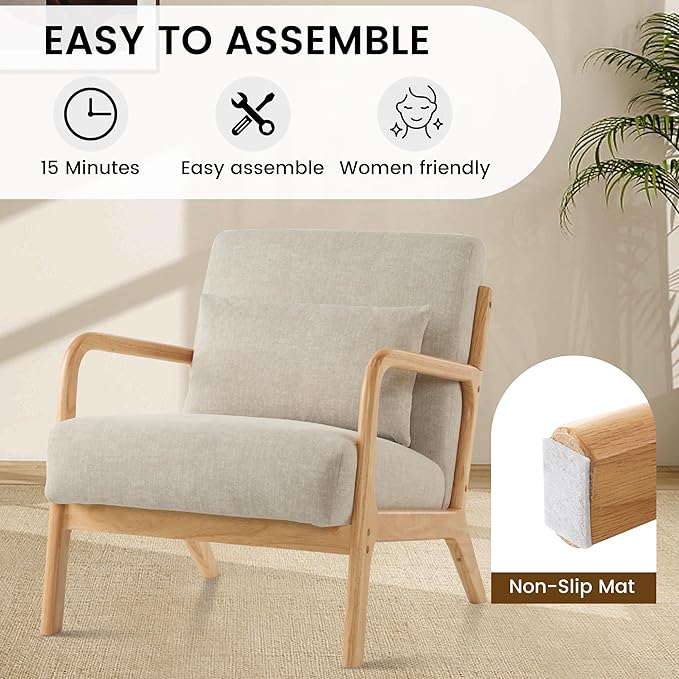 Aunekiv Accent Chair with Pillow Upholstered Mid-Century Chair Living Room Chair for Small Space Solid Wood Frame Reading Chair with Soft and Thick Cushion Armchair for Bedroom Balcony Grey 1PC