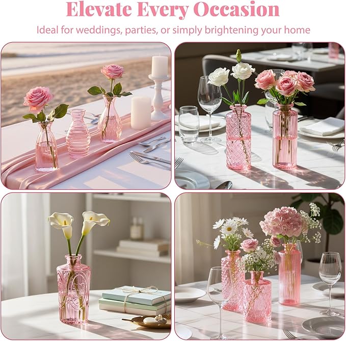 BEAHOT 24 Pack Pink Flower Vase in Bulk,Mini Vintage Glass Bud Vases for Centerpieces,Wedding Decor,Party & Home Decaration,Mother's Day (Pink)