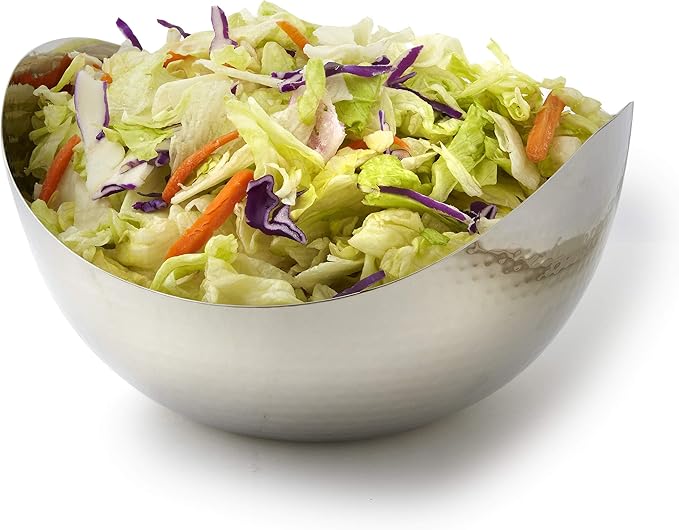 Large Decorative Bowl, Stainless Steel Salad Serving Fruit Bowl, Hammered Centerpiece Bowl (10” Round)