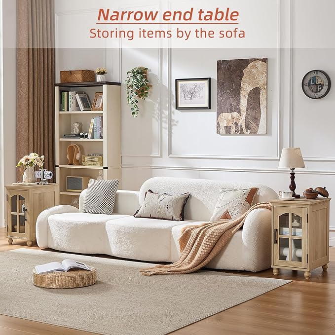 Narrow Side Table,Farmhouse Nightstand with Charging Station,Wood End Table with Glass Barn Door Storage, Cabinet Organizer with Adjustable Shelf, Night Stand for Small Spaces for Living Room Bedroom