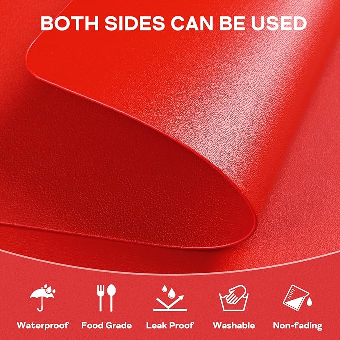 Faux Leather Placemats Set of 6, Vinyl Placemats Heat Resistant Place Mats, Waterproof Oil-Proof Wipeable Dining Table Mats and Coasters for Kitchen, Indoor, Outdoor (Red)