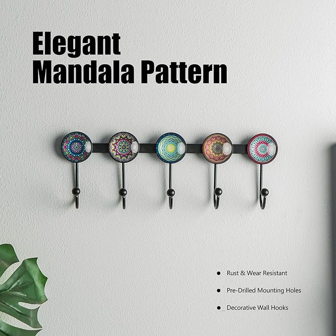 Boho Coat Rack Wall Mounted with 5 Hooks, Multi-Color Mandala Pattern Decorative Wall Hooks for Hanging Hat, Key, Towel, Purse, Bag, and Robe - for Entryway, Bathroom, and Office