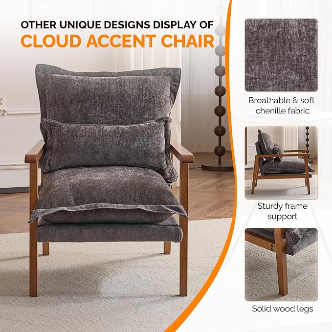 VINGLI Mid-Century Modern Cloud Accent Armchair with Lumbar Pillow, 6.3'' Thick Seat Cushion Comfortable Reading Chair with Wooden Armrests，Boho Lounge Chair for Bedroom, Living Room, Chenille, Grey