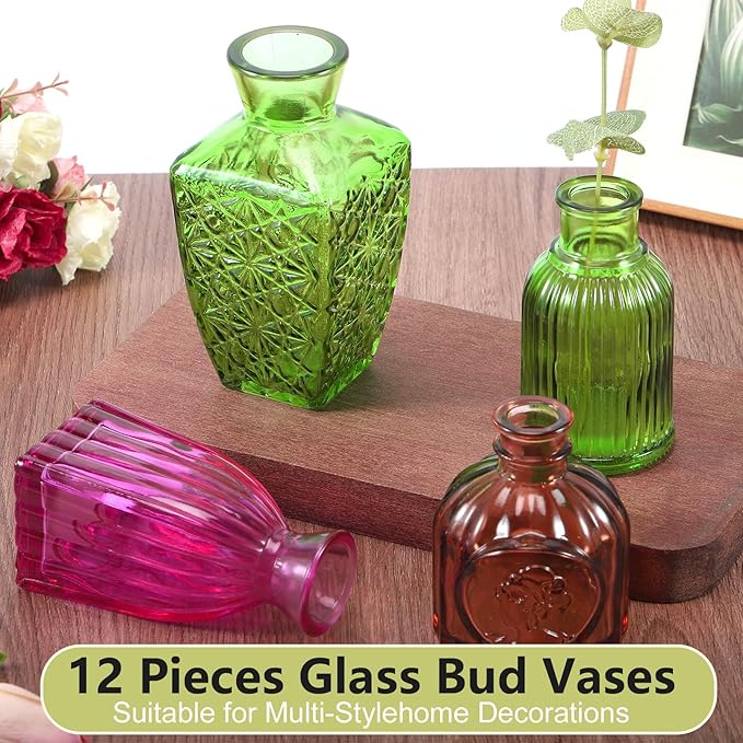12 Pcs Color Bud Vases in Bulk,Colored Glass Bud Vases,Mini Vintage Flower Vase for Centerpieces,Vintage Small Vase for Flowers,Home Wedding PartiesTable Decoration
