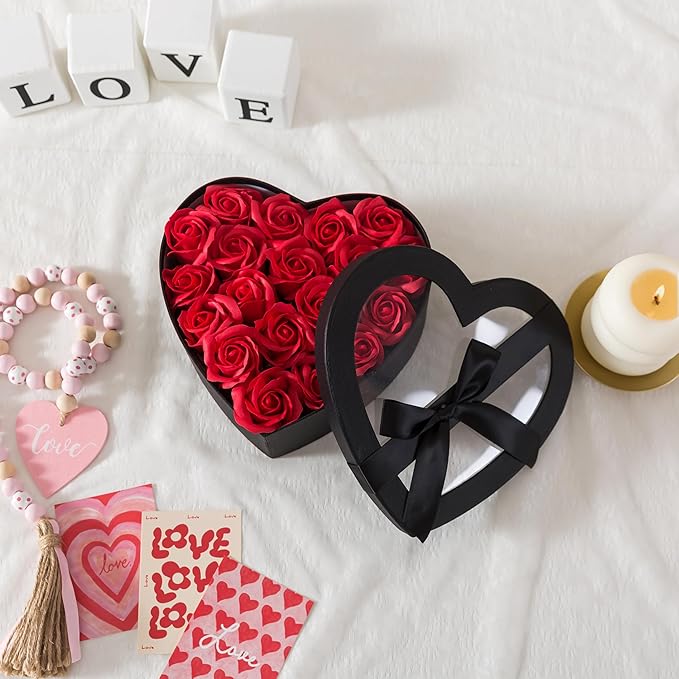 Soul & Lane Black Heart Shaped Gift Boxes with Clear Lids and Decorative Bows: Set of 3 Cardboard Heart Boxes for Flowers, Chocolates, Large Box for Flower Arrangements and Valentine’s Day Presents