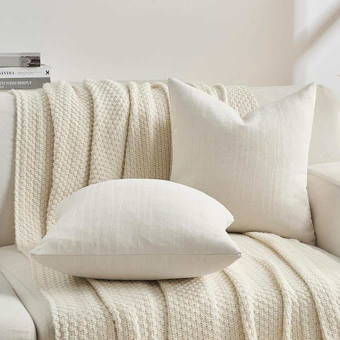 FUTEI Cream Chenille Decorative Throw Pillow Covers 12x20 Inch Set of 2,Soft Crushed Striped Texture Lumbar Pillow Cases,Modern Home Decor for Couch Bed Living Room