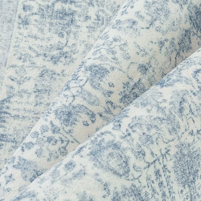 PureCozy Blue Runner Rug 3x8 Hallway Machine Washable Kitchen Vintage Distressed Non Slip Long Carpet Indoor Retro Floral Bedroom Accent Throw Rug for Bathroom Office Laundry Dining Room