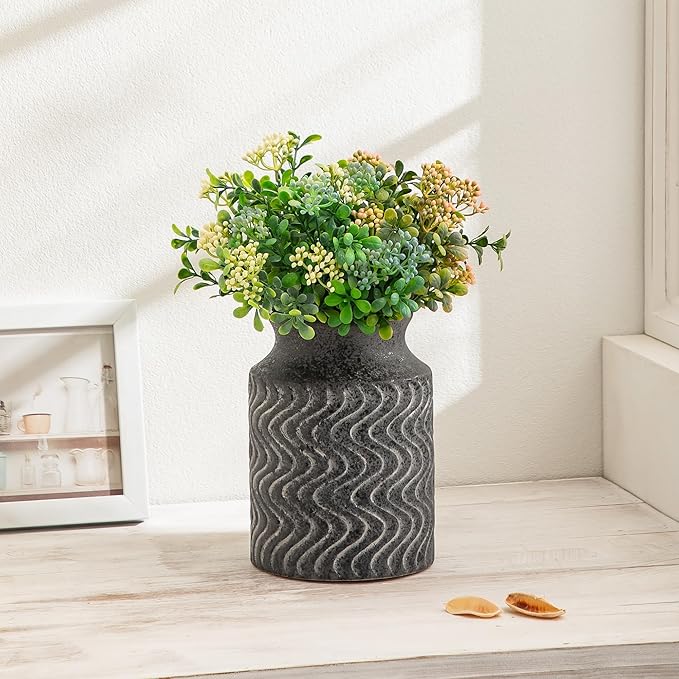 Rustic Vases for Home Decor. Ceramic Vase for Dining Table Decor. Terracotta Decorative Vase - 7.8inch Black Vintage Fall Flower Vase - Rustic Table Vases