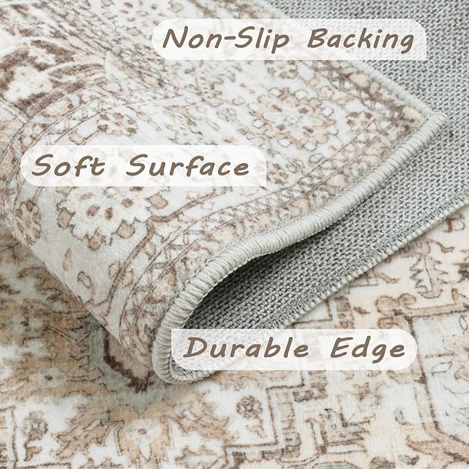 Fortsea Area Rug 2x3, Lightweight Washable Rugs for Entryway Bathroom Kitchen, Ultra-Thin Absorbing Low Pile Non Slip Rubber Rugs Backing, Durable Aesthetic Vintage 2x3 Rug (Cream/Light Beige, 2X3)