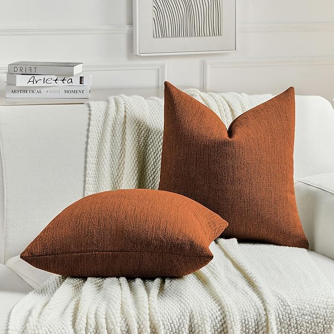 FUTEI Rust Chenille Decorative Throw Pillow Covers 26x26 Inch Set of 2,Soft Cozy Faux Linen Textured Euro Pillow Shams,Farmhouse Home Decor for Couch Living Room