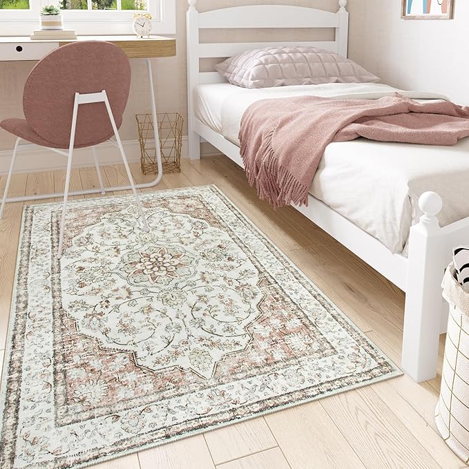 Lahome Oriental Throw Rug,3x5 Kitchen Rugs Non-Slip Washable,Ultra-Thin Boho Entryway Rug Indoor Entrance,Traditional Vintage Bathroom Rugs and Mats Soft for Bedroom Living Room,(3x5ft,Terracotta)