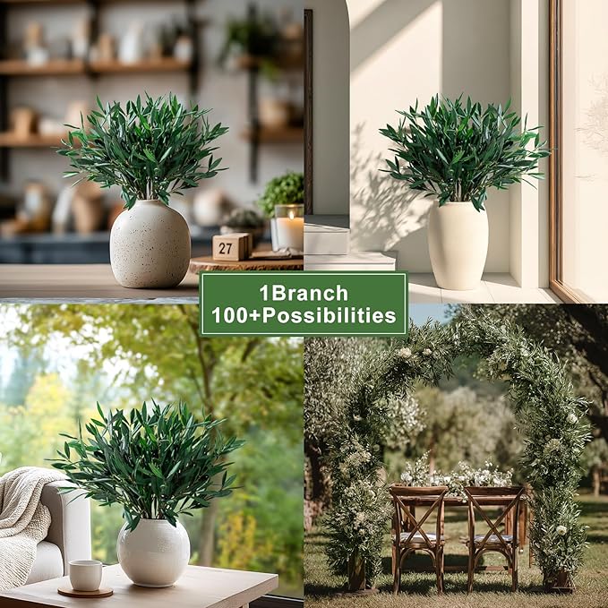 8PCS Premium Artificial Olive Branches for Vases - Realistic PU & Silk Faux Greenery Stems, 3 Sizes, Bendable Wire Stems, Low Maintenance Home/Office/Holiday Decor(No Vase