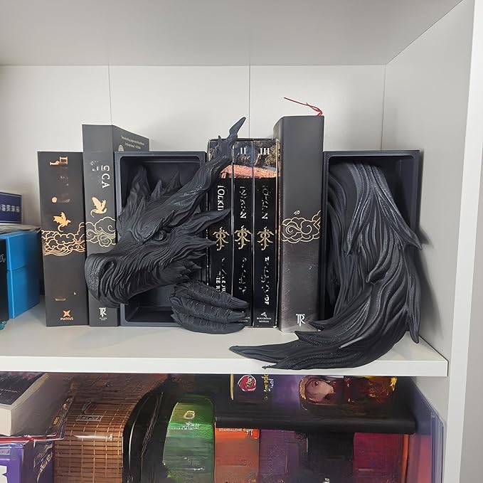 Dragons Awakening Book End – Fantasy Book Nook Insert for Dragon Readers – Unique Home Decor for Bookshelves & Libraries (Head and Tail - Shadow Dragon)