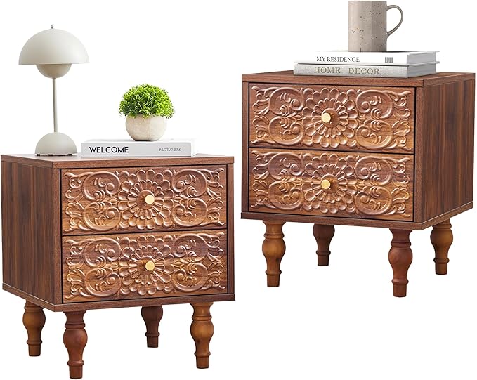 Nightstand, Farmhouse Bedside Table with 2 Drawers and Metal Handles, Wood Sofa Side Table End Table Accent Dresser for Bedroom, Living Room (Walnut) (15.75 x 16.02 x 18.15 Inch)