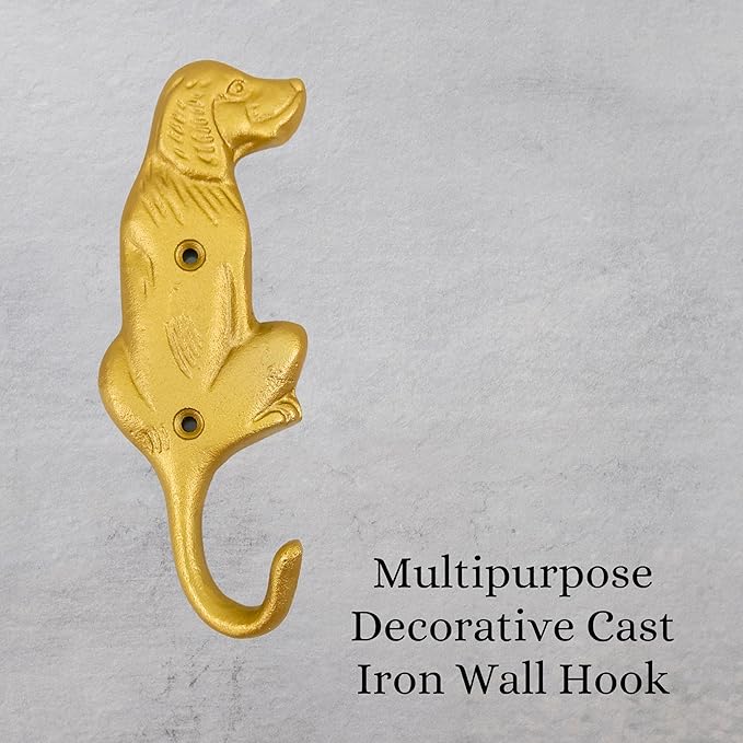 Set of 3 Cast Iron Dog Shape Coat Hooks Wall Art Decor-Dog Shape Hangers and Key Holder-Clothes Rack and Backpack Hanger-Coat Hooks Home Decor for Storage, Living Room,Hallway (Gold Finish)