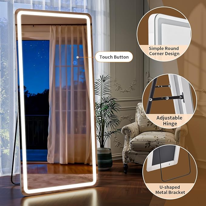 Led Mirror Full Length 16 x 60 Inch Tempered Glass Full Body Mirrors with Dimming & 3 Color Lighting Standing Leaning or Hanging Full Length led Mirrors for Bedroom Dressing Room Rect