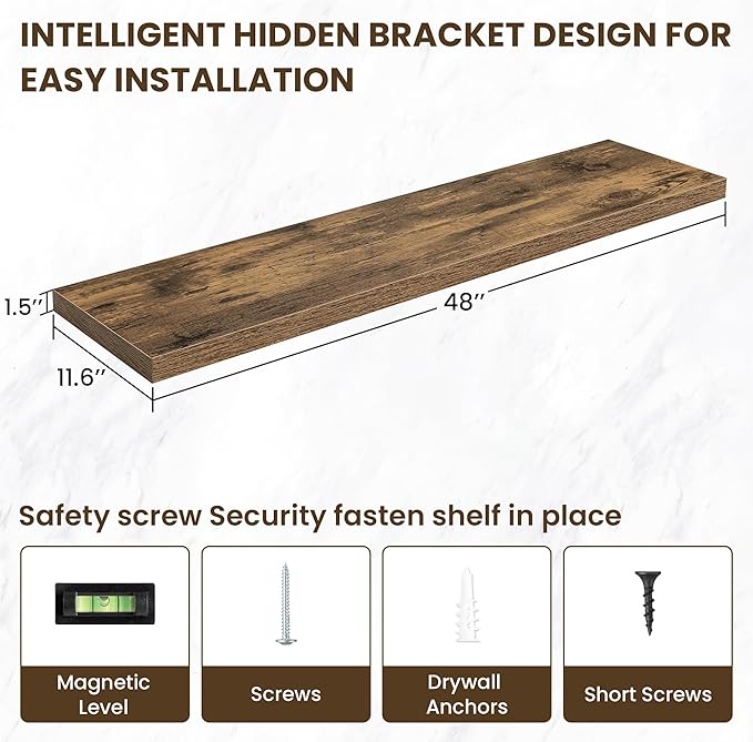 48 Inch Floating Shelves, 12 Inch Deep Floating Shelves for Wall, Floating Shelf with Invisible Brackets, Deep Wall Shelves for Bathroom, Bedroom, Living Room, 1 Pack, Brown