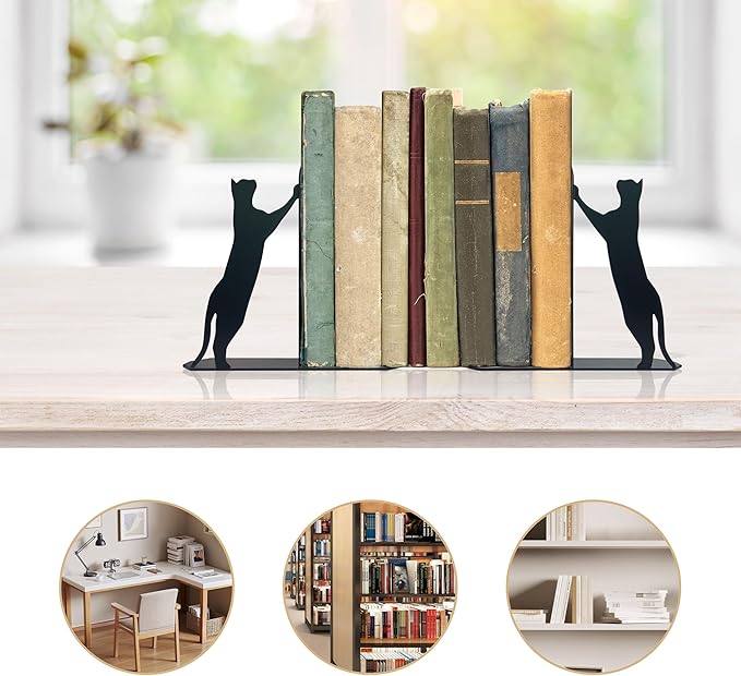 Cat Metal Bookends Cute Climbing Cat Book Ends for Shelves Bookshelf Decorative Objects Home Office Desk Nice Cat Lover Gifts for Women