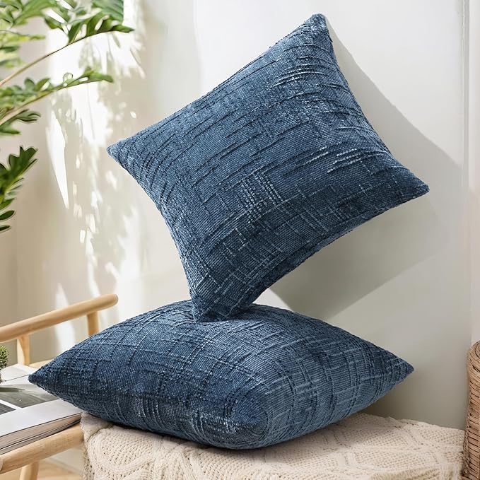 decorUhome Spring Navy Blue Chenille Throw Pillow Covers 20x20 Set of 2 Textured Slubby Couch Pillow Covers Farmhouse Accent Modern Neutral Decorative Pillow Cases for Bed Sofa Living Room