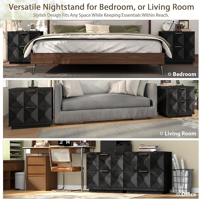 Yechen 23.6" Black Nightstand with 20W Faster Charging Station, Modern Bedside Table with 3D Geometric Drawers Front Panel, Wood 2 Drawer Night Stand with Storage, Accent End Table for Bedroom