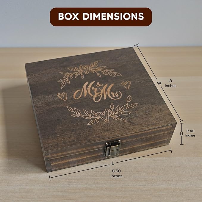 Mr and Mrs Wedding Memory Box- Wooden Keepsake Box with Lid for Couples, Rustic Storage Box for Cards, Photos & Mementos, Valentine’s Day, Wedding Anniversary & Engagement Gift- 8.5 x 8 x 2.4 Inches