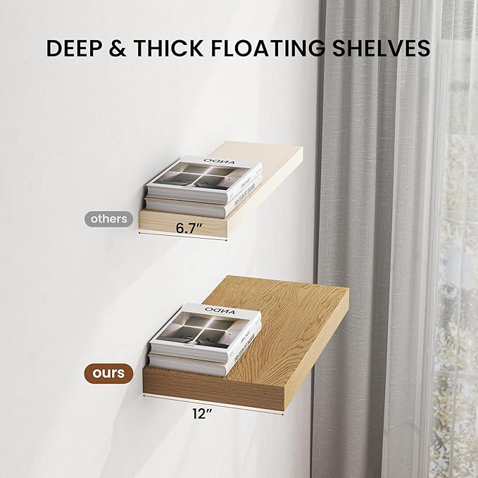Dreamland 24" Floating Shelves for Wall, 12" Deep Thicker Oak Floating Shelves, Wall-Mounted Shelves for Bedroom, Living Room, Kitchen, Bathroom - Set of 2