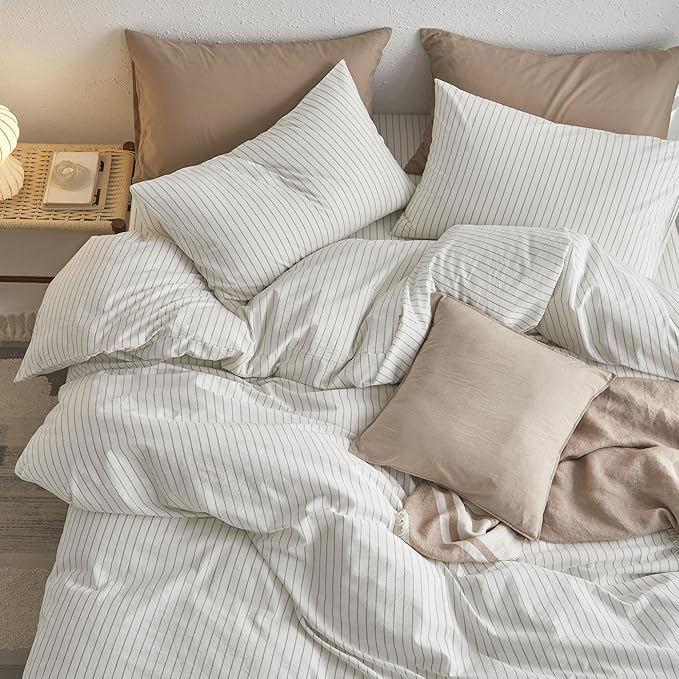 MooMee Striped Duvet Cover Set 100% Washed Cotton Linen Like Textured Breathable Durable Soft Comfy (White Sage Green Wide Stripes, Cal King 104"x98")