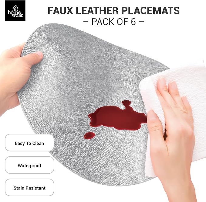 Placemats Set of 6 – Round 15” Faux Leather Table Mats for Dining, Heat Resistant & Non-Slip Washable Table, Indoor, Outdoor, Dining Table Set for 6, Modern Kitchen & Holiday Use, Silver